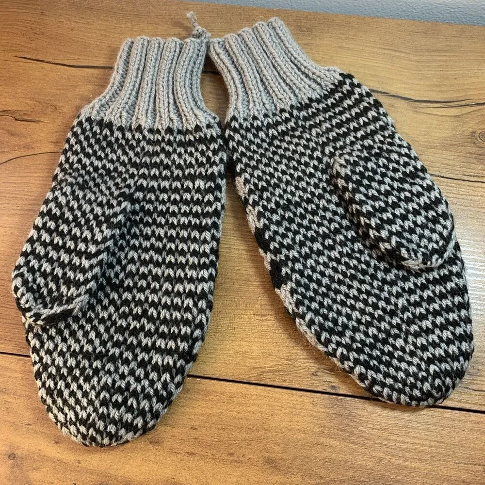 Handknit Black and Gray Mittens XL-XXL See Measurements Unisex